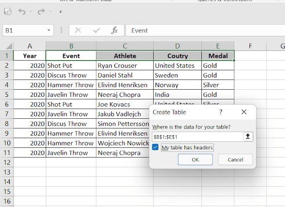 Dialogue Box To Create A Power Query Table