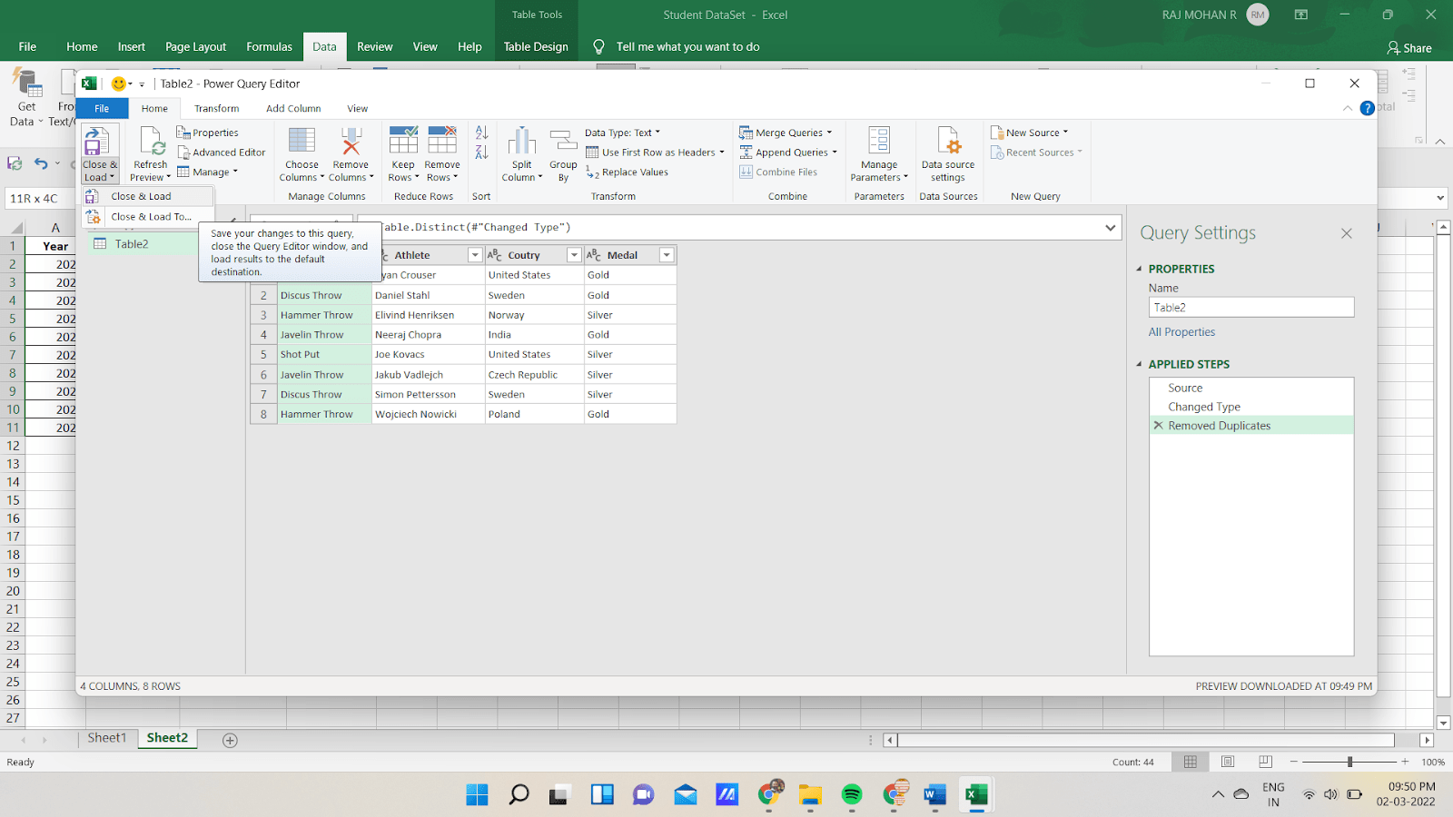 On Clicking The Close &Amp; Load Option